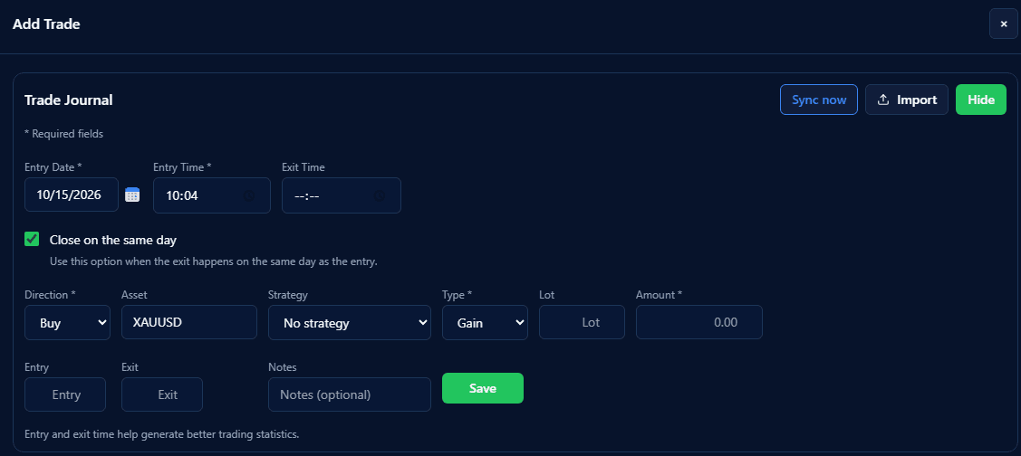 CTS Add Trade form for manually recording a trade