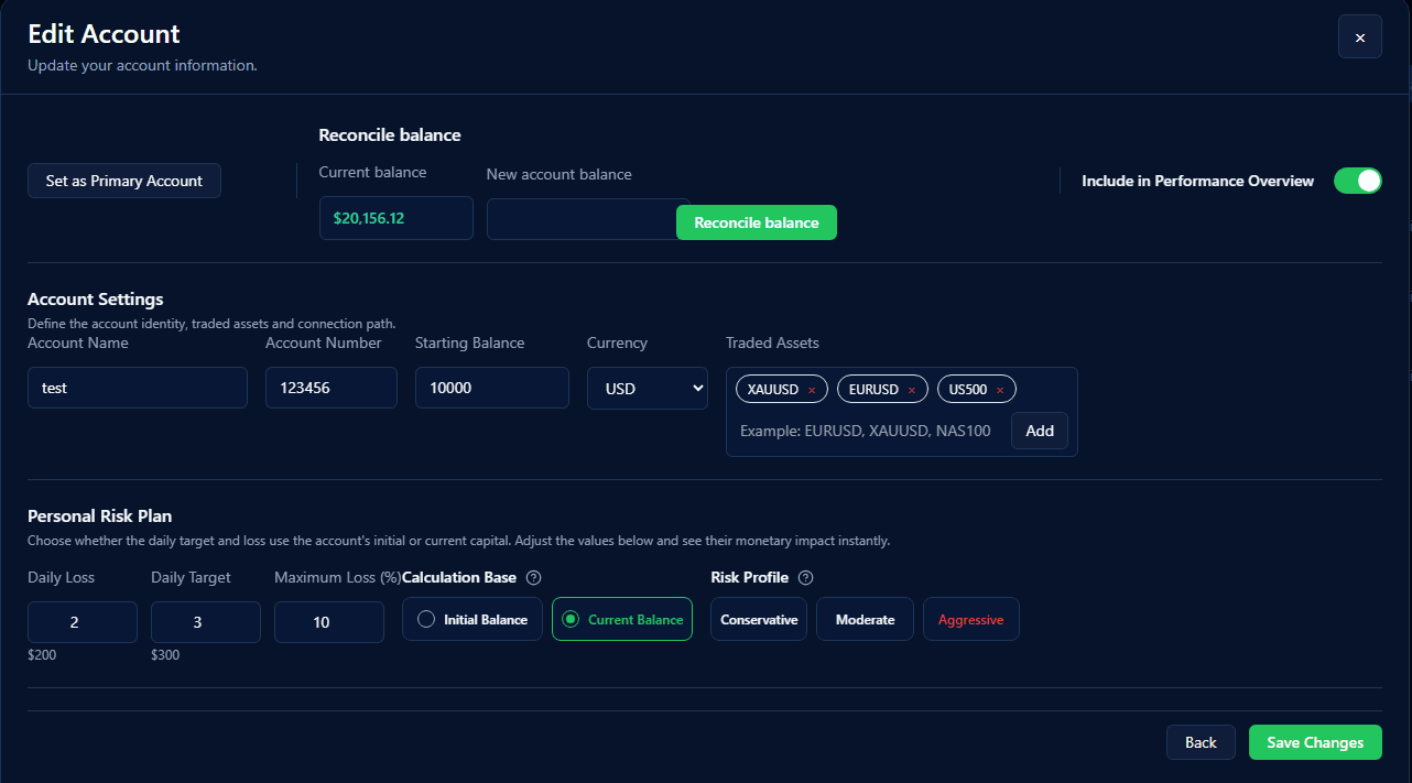 CTS Edit Account screen with account settings and personal risk plan